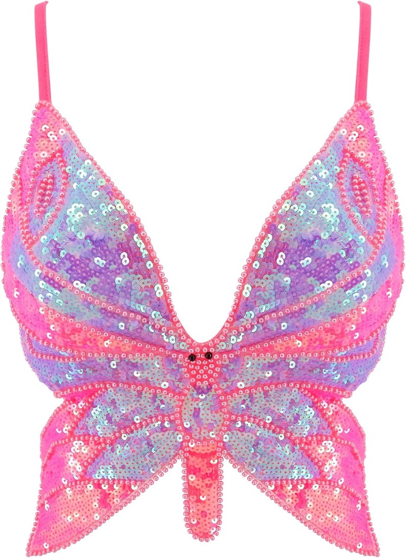 Mocure Womens Glitter Sequin Butterfly Crop Top Low-Cut Tank Top Rave Tube Vest Top for Belly Dance Costume Outfits - Image 1